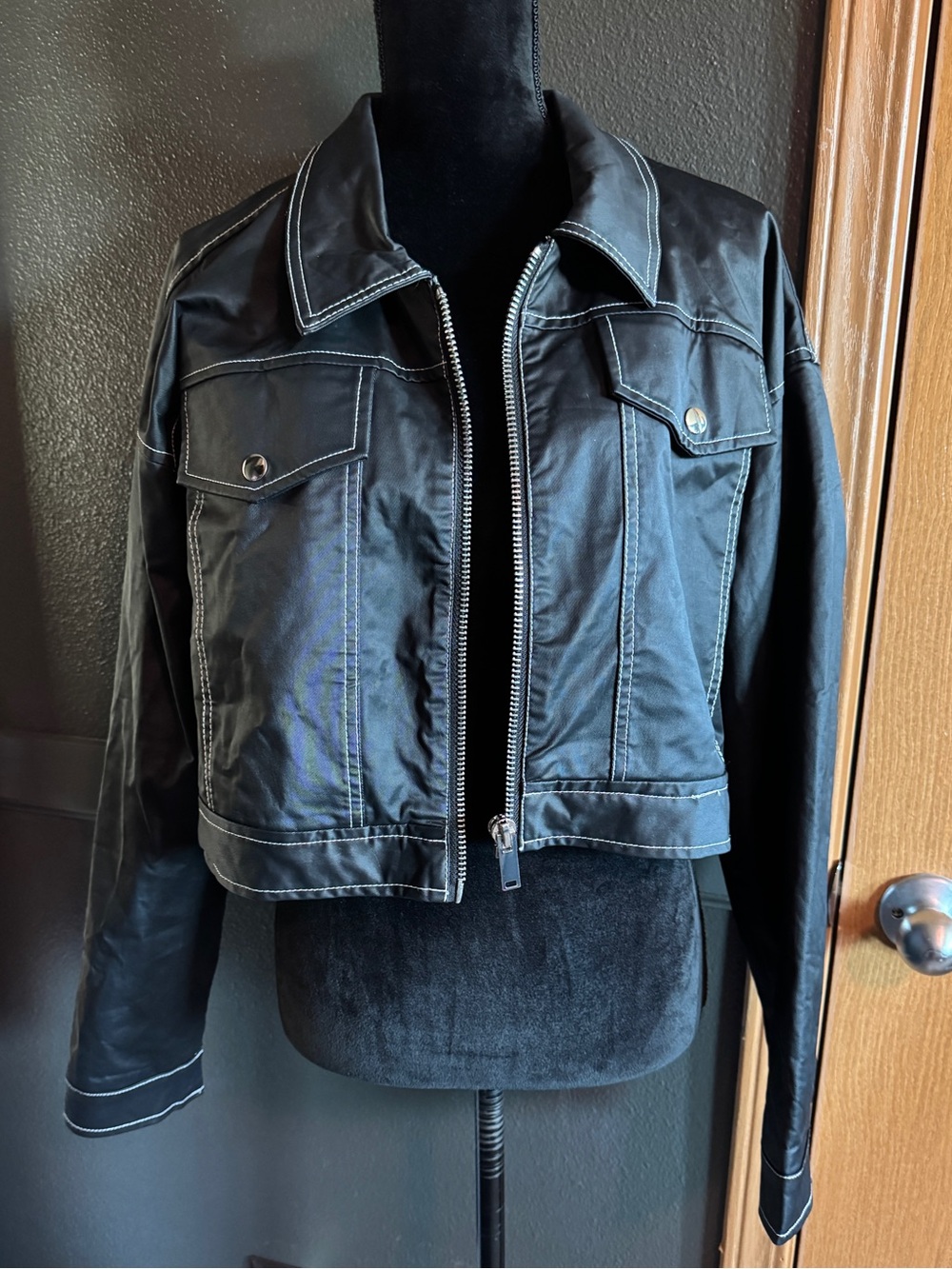 Black Faux Leather Cropped Jacket - Women's